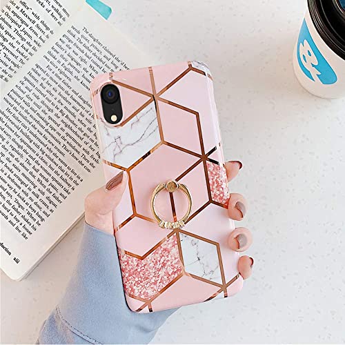 Qokey Case Compatible with iPhone XR Case 6.1 inch Marble Case Cute Fashion for Women Girls with 360 Degree Rotating Ring Kickstand Soft TPU Shockproof Cover Rhombic Marble