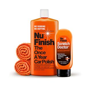 nu finish 4 piece car care kit, all in one complete car care kit, includes scratch doctor scratch remover, car polish, and 2 microfiber cloths