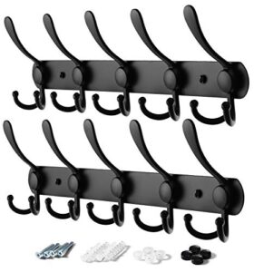 vasgor 2pcs heavy duty wall mount coat hook, stainless steel rack of 5 tri hooks for coats, towels, purse robes keys and hats multi purpose for kitchen, bedroom, bathroom, entryway (black)