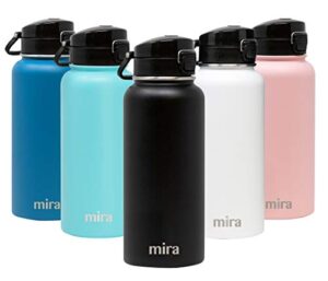 mira 32 oz stainless steel water bottle - hydro vacuum insulated metal thermos flask keeps cold for 24 hours, hot for 12 hours - bpa-free one touch spout lid cap - black