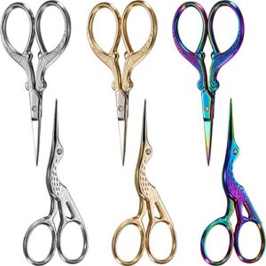 6 pieces stork scissors, crane design sewing scissors stainless steel tip dressmaker shears diy tools for embroidery, craft, needle work, art work, 3.7 inch (silver, gold, multicolor)