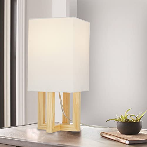 Catalina 22793-000 Mid-Century Modern Table Lamp with Square Shade, 15", Blond Wood/Antique Brass