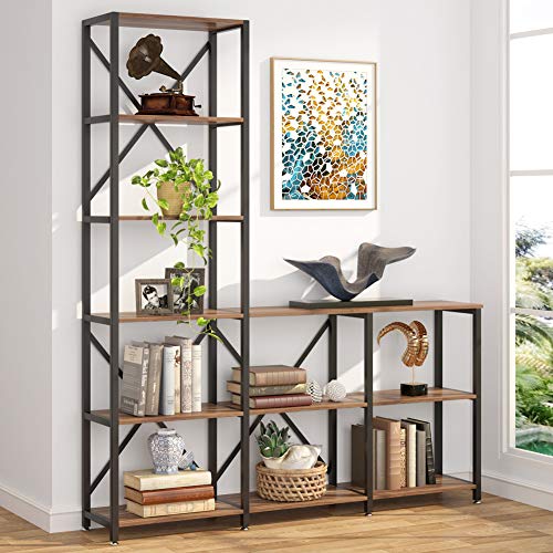 Tribesigns 9 Shelves Bookshelves, Industrial Ladder Corner Etagere Bookcase, Rustic 6-Tier Display Open Shelf Storage Organizer for Living Room (Walnut)
