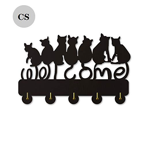 cherry sun Cat Welcome Design Key Hook Wall Door Clothes Coat Hat Hanger Key Holder with 5 Hooks Strong Adhesive Sticker Wood Hook,Entryway,Birthday Gift.(P2)