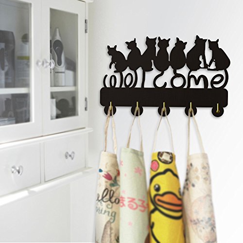 cherry sun Cat Welcome Design Key Hook Wall Door Clothes Coat Hat Hanger Key Holder with 5 Hooks Strong Adhesive Sticker Wood Hook,Entryway,Birthday Gift.(P2)