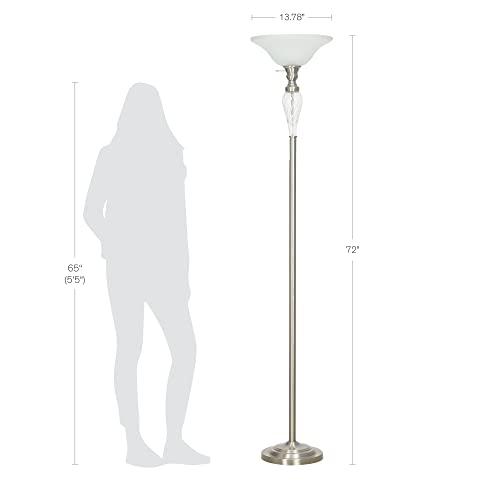 Catalina 72" Traditional Torchiere Floor Lamp Detail Accent and Glass Shades, Brushed Nickel