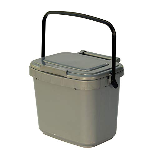 5 Litre Plastic Kitchen Compost Caddy with 50x Tie Handle Bags, Silver/Grey