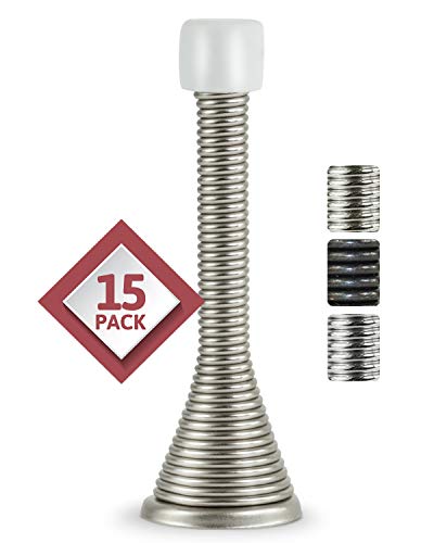 Jack N’ Drill Door Stopper (15 Pack) - 3⅛” Light Duty Spring Door Stop with Flexible Spring and Non-Marking Tip, Door Stops with Finishes to Match Every Home and Office