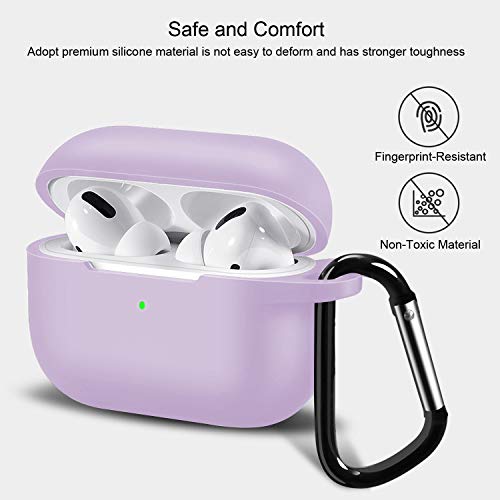 AirPods Pro Silicone Case, JelyTech Protective Shockproof Case Cover with Keychain Set for 2019 AirPods pro Charging Case [LED Visible] (Light Purple)