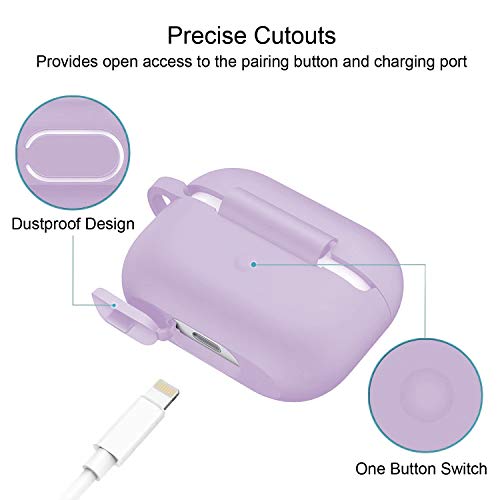 AirPods Pro Silicone Case, JelyTech Protective Shockproof Case Cover with Keychain Set for 2019 AirPods pro Charging Case [LED Visible] (Light Purple)