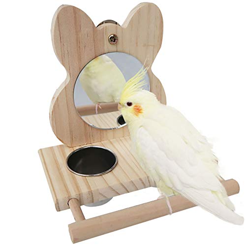 Hamiledyi Parrot Mirror Toy with Stainless Steel Feeding Cups Bird Wooden Frames with Cage Perch for Macaw African Greys Budgies Parakeet Cockatiels Conure Lovebird Finch