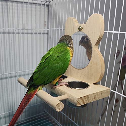 Hamiledyi Parrot Mirror Toy with Stainless Steel Feeding Cups Bird Wooden Frames with Cage Perch for Macaw African Greys Budgies Parakeet Cockatiels Conure Lovebird Finch