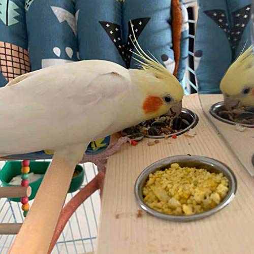 Hamiledyi Parrot Mirror Toy with Stainless Steel Feeding Cups Bird Wooden Frames with Cage Perch for Macaw African Greys Budgies Parakeet Cockatiels Conure Lovebird Finch