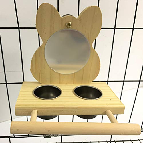 Hamiledyi Parrot Mirror Toy with Stainless Steel Feeding Cups Bird Wooden Frames with Cage Perch for Macaw African Greys Budgies Parakeet Cockatiels Conure Lovebird Finch