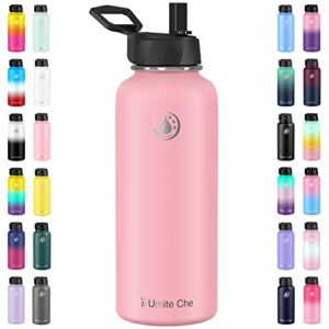 Umite Chef Sports Water Bottle with New Wide Handle Straw Lid, Vacuum Insulated Stainless Steel Thermos Mug, 32 oz Double Walled Wide Mouth Water Bottle ,Leak Proof, Sweat Free (Flamingo)