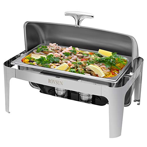 ROVSUN Chafing Dish Buffet Set, 9 Quart Roll Top Stainless Steel Chafer, Rectangular Set with Food Pan, Water Pan and Fuel Holders, for Wedding, Parties, Banquet, Catering Events