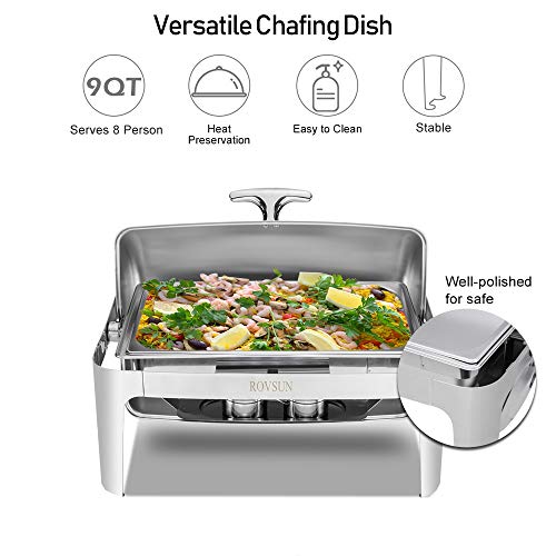 ROVSUN Chafing Dish Buffet Set, 9 Quart Roll Top Stainless Steel Chafer, Rectangular Set with Food Pan, Water Pan and Fuel Holders, for Wedding, Parties, Banquet, Catering Events