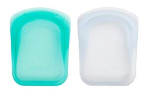 stasher re-usable food-grade platinum silicone pocket bag for eating from/storing in/organising/travelling, 8.25 x 12.05 cm, set of 2, clear and aqua