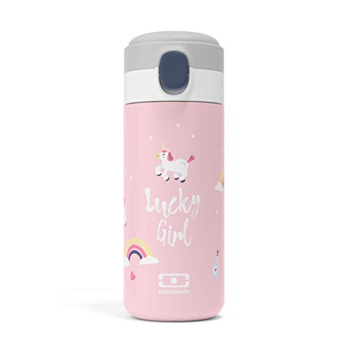 monbento - Insulated Bottle MB Pop Unicorn - 12 Oz - Leakproof - Hot/Cold Up to 12 Hours - Small Water Bottle - BPA Free Food Grade Safe - Unicorn Pattern - Pink