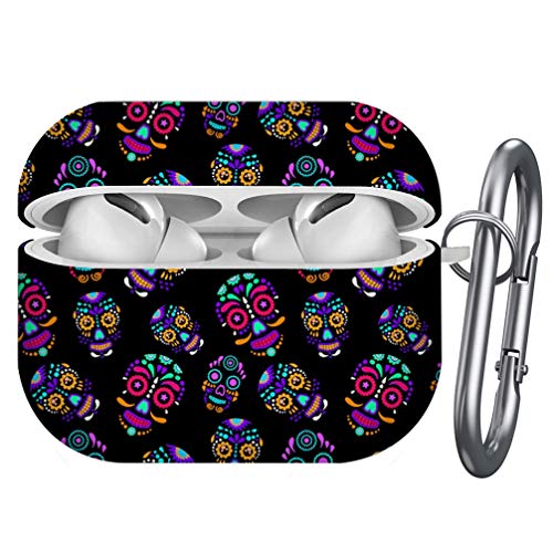 [ Compatible with AirPods Pro ] Shockproof Soft TPU Gel Case Cover with Keychain Carabiner for Apple AirPods (Day Dead Colorful Sugar Skull)