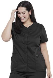 cherokee women scrubs top workwear revolution snap front v-neck ww622, l, black