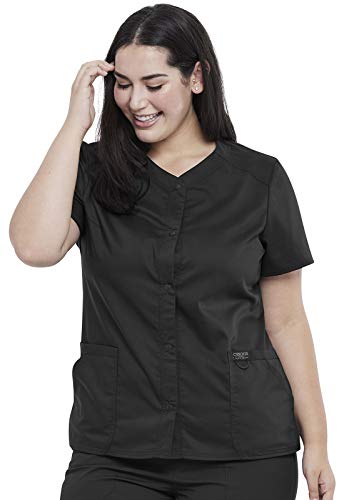 Cherokee Women Scrubs Top Workwear Revolution Snap Front V-Neck WW622, L, Black