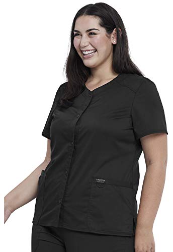 Cherokee Women Scrubs Top Workwear Revolution Snap Front V-Neck WW622, L, Black