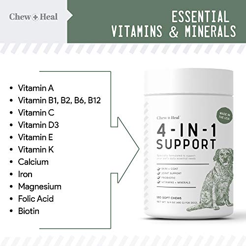 Chew + Heal All in 1 Dog Vitamin - 120 Soft Chew Treats - Chewable Multivitamin with Probiotics, Digestive Enzymes, for Skin and Coat, Hip and Joint Support - with Omega, Calcium - Made in The USA