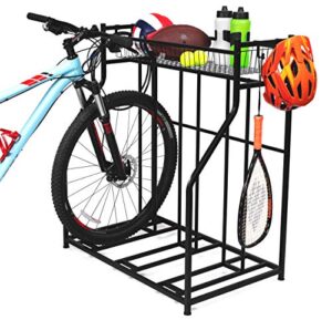 3 bike stand rack with storage – great for parking road, mountain, hybrid or kids bikes – garage organizer - helmet - sports storage station - black