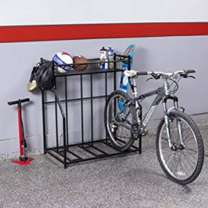 3 Bike Stand Rack with Storage – Great for Parking Road, Mountain, Hybrid or Kids Bikes – Garage Organizer - Helmet - Sports Storage Station - Black