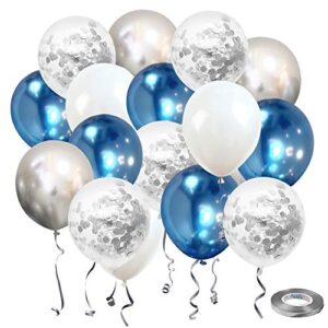 metallic blue and silver confetti latex balloons, nesus 50 pcs 12 inch white and metallic silver glitter birthday party balloons with 65 feet silver ribbon for baby shower wedding decorations