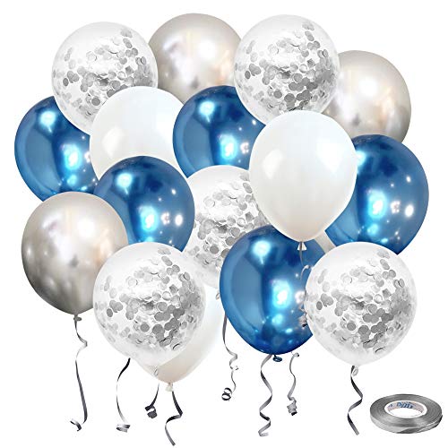 Metallic Blue and Silver Confetti Latex Balloons, Nesus 50 pcs 12 inch White and Metallic Silver Glitter Birthday Party Balloons with 65 Feet Silver Ribbon for Baby Shower Wedding Decorations