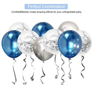 Metallic Blue and Silver Confetti Latex Balloons, Nesus 50 pcs 12 inch White and Metallic Silver Glitter Birthday Party Balloons with 65 Feet Silver Ribbon for Baby Shower Wedding Decorations