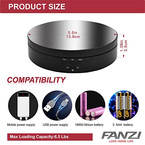 FANZI Motorized Turntable Display for Display Jewelry, Watch, Digital Product, Bag, Models, Jewelry, Collectibles,and Product Shooting 360 Degree Electric Rotating Turntable 6 Inch Diameter - Black