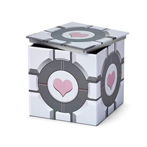 portal companion cube tin storage box - 4x4-inch novelty stash container w/ pop top lid - decorative organizer holder cube - kitchen bedroom office decor - colorful heart design collectible canisters