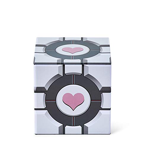 Portal Companion Cube Tin Storage Box - 4x4-Inch Novelty Stash Container W/ Pop Top Lid - Decorative Organizer Holder Cube - Kitchen Bedroom Office Decor - Colorful Heart Design Collectible Canisters