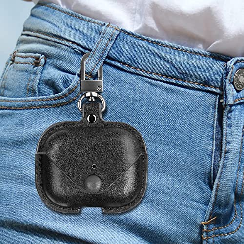 Genuine Leather Case Compatible with AirPods Pro Case, VOMA Protective Cover for Apple AirPods Pro Wireless Charging Case Headphones EarPods, Soft Leather Cover with Keychain Hook Black