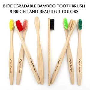 Virgin Forest Bamboo Toothbrush, Biodegradable Toothbrush, Eco Friendly Natural Wooden Toothbrushes, Vegan Organic Bamboo Charcoal Tooth Brush for Sensitive Gums Medium Bristle Set of 8 Color