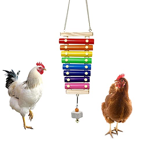 Vehomy Chicken Xylophone Toy for Hens Suspensible Wood Xylophone Toy with 8 Metal Keys Chicken Coop Pecking Toy with Grinding Stone (Rainbow Color)