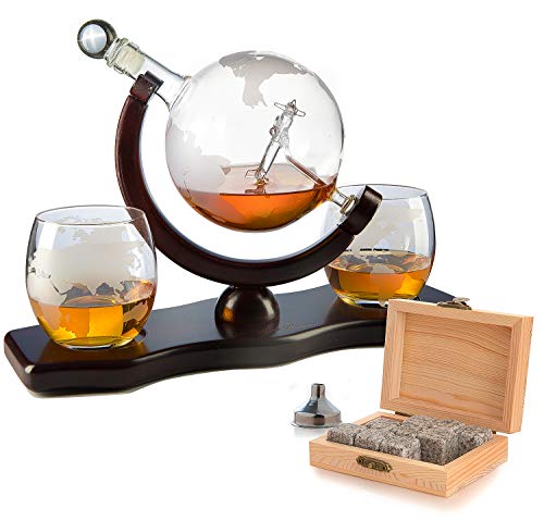 Etched World Decanter Whiskey Globe - Antique Airplane The Wine Savant 850ml, Whiskey Stones and 2 World Map 10 oz Glasses, Pilot Gift