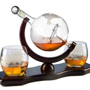 Etched World Decanter Whiskey Globe - Antique Airplane The Wine Savant 850ml, Whiskey Stones and 2 World Map 10 oz Glasses, Pilot Gift