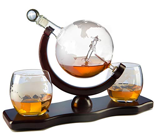 Etched World Decanter Whiskey Globe - Antique Airplane The Wine Savant 850ml, Whiskey Stones and 2 World Map 10 oz Glasses, Pilot Gift