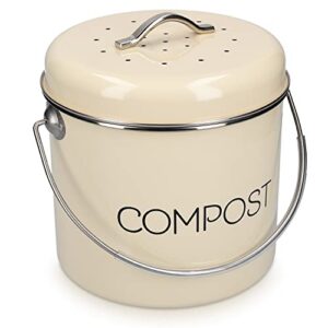 navaris compost bin for kitchen counter - 1.3 gallon (5l) metal countertop indoor composter bucket with charcoal filter and lid - cream, size medium
