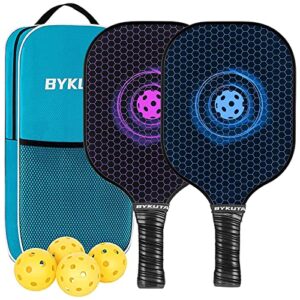 bykuta pickleball paddles set of 2, lightweight graphite carbon fiber pickleball paddles, with 4 outdoor/indoor pickle balls, 1 portable carry bag, gifts for men women