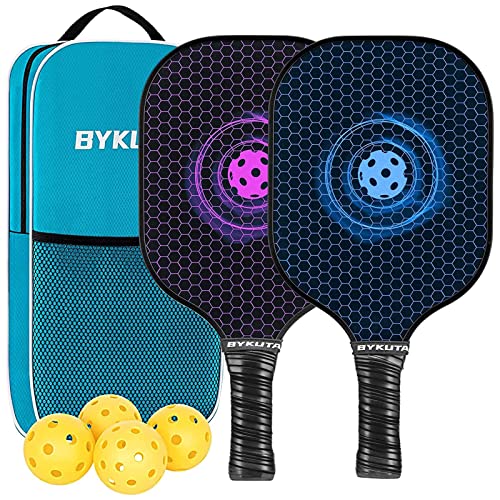 BYKUTA Pickleball Paddles Set of 2, Lightweight Graphite Carbon Fiber Pickleball Paddles, with 4 Outdoor/Indoor Pickle Balls, 1 Portable Carry Bag, Gifts for Men Women