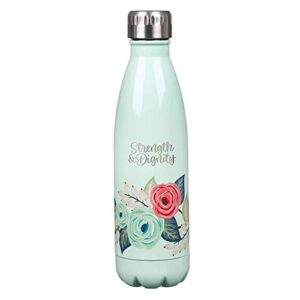 christian art gifts stainless steel double wall vacuum insulated laser engraved water bottle: strength & dignity inspirational bible verse for hot & cold beverages, mint green floral, 17 oz.