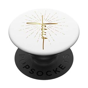 yellow beige jesus word cross a sunburst on white background popsockets grip and stand for phones and tablets