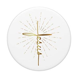 Yellow Beige Jesus Word Cross A Sunburst On White Background PopSockets Grip and Stand for Phones and Tablets