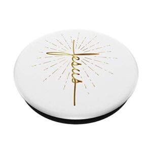 Yellow Beige Jesus Word Cross A Sunburst On White Background PopSockets Grip and Stand for Phones and Tablets