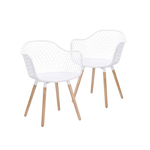 CangLong Modern Natural Wood Legs Easily Assemble Mid Century Molded Plastic Shell Arm Hollow Out Chair for Living, Bedroom, Kitchen, Dining, Waiting Room, set of 2,White